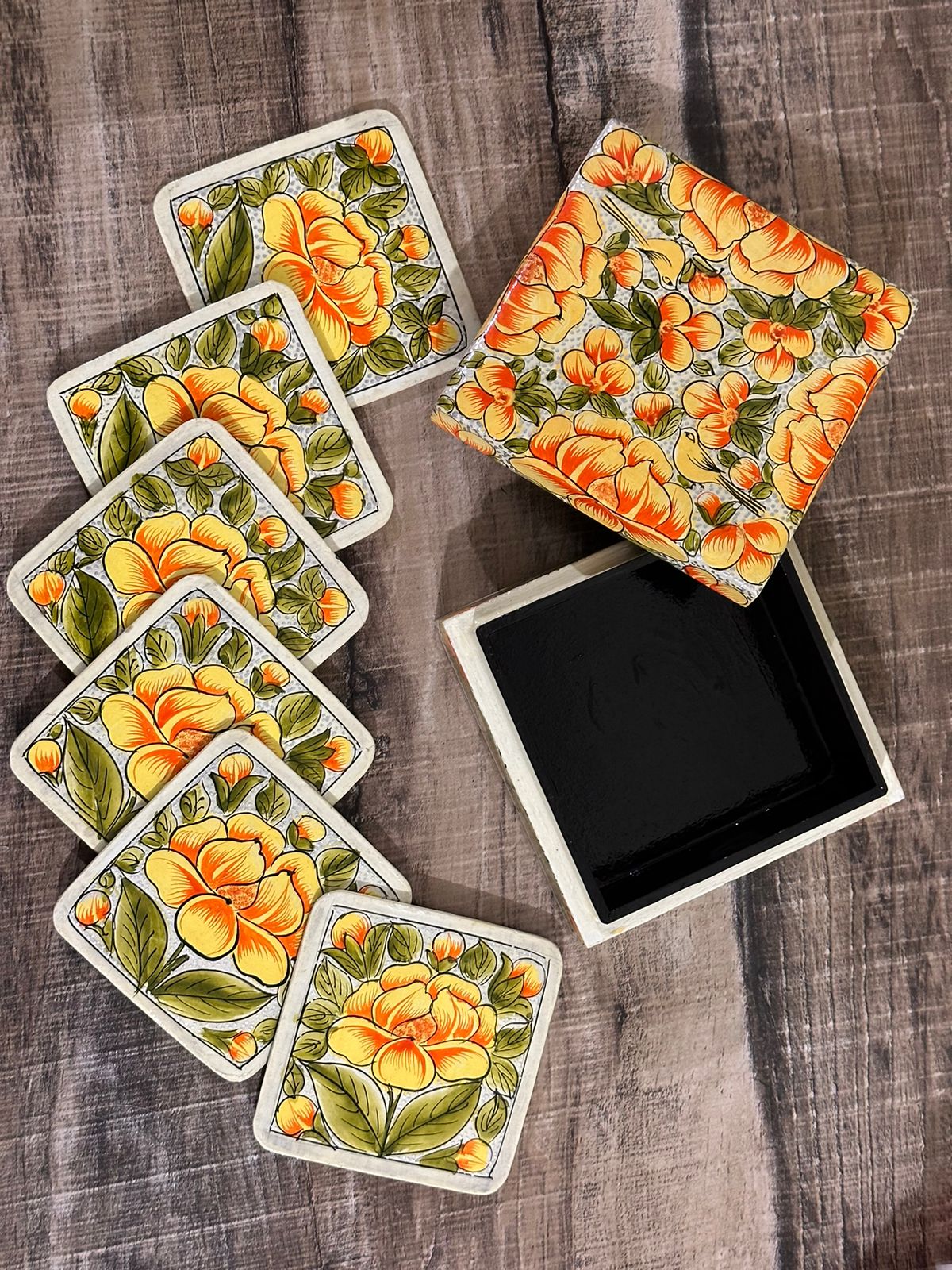 Kashmiri Paper Mache Coaster Set ( 6 coasters ) with Trinket Box . Paper Mache Box